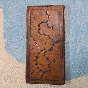 VTG Tooled Leather Bifold Wallet Brown Sun Rays Clouds Embossed Birds 6.5x3.5in